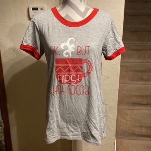 Small Lularoe Liv tee-grey bkgrd with red “ok, but first hot cocoa”